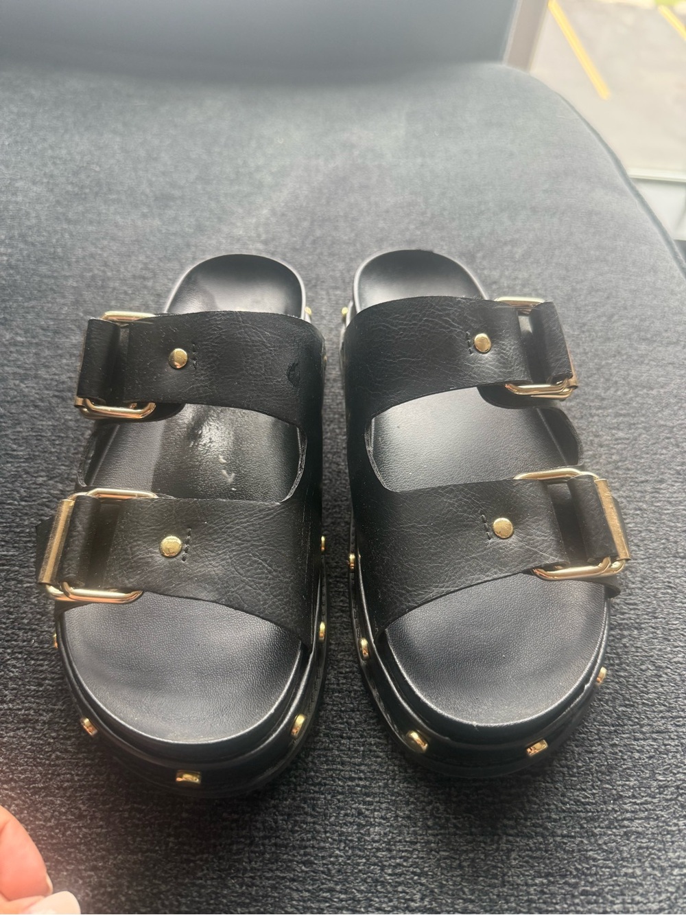 BCBGeneration Black Double-Buckle Platform Slide Sandals with Gold Hardware